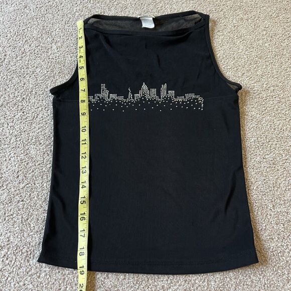 Vintage 90s Y2K Agaci Too Black Sheer Skyline Jeweled Tank Top Fairy L - Picture 7 of 7